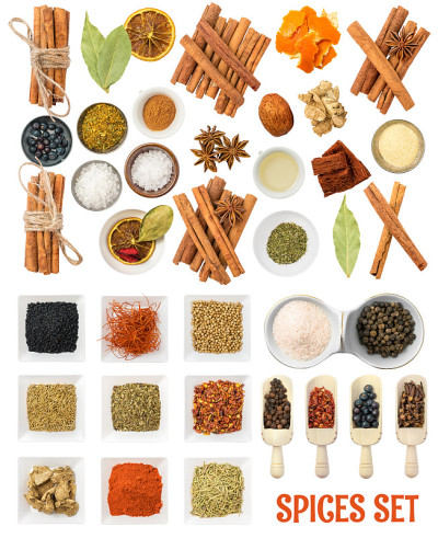香料设置孤立的白色背景