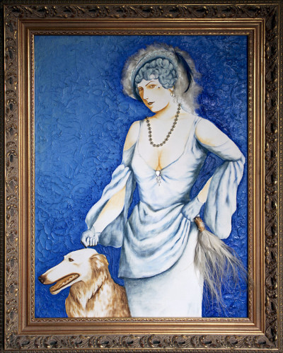 有框的高级女人和灵缇猎犬的画像