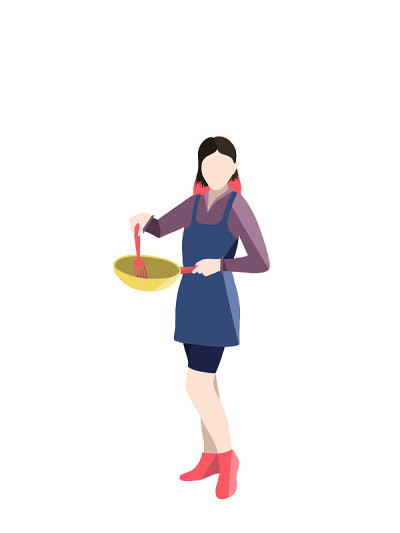 穿着围裙，拿着平底锅和铲子的漂亮女孩