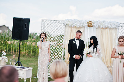 精彩的婚礼，有司仪，新人，伴郎和伴娘。