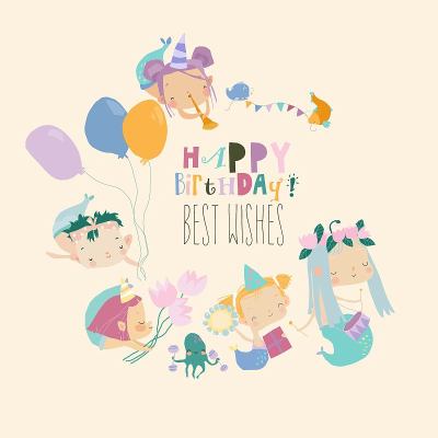 卡通有趣的美人鱼与鱼庆祝生日