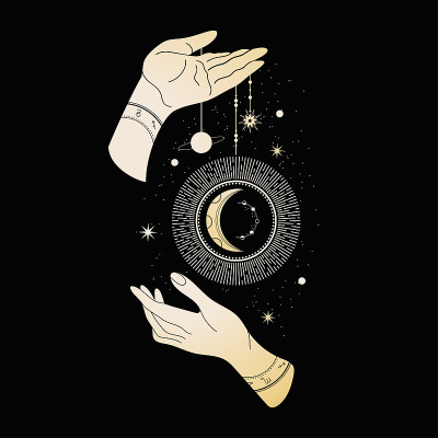 神奇的手。两只手，太阳，月牙，星星和月相。