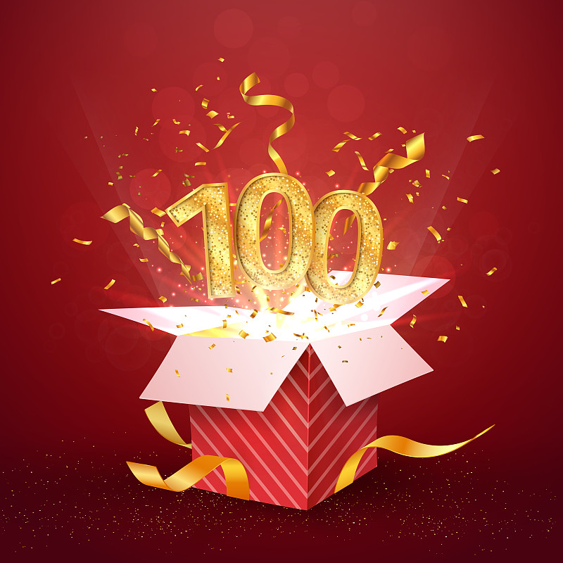 100 th years number anniversary and open gift box 