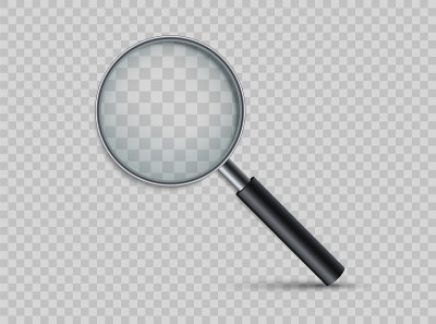 现实的放大镜。放大工具与阴影。放大镜在透明背景上放大。