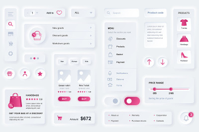 用于购物手机应用的用户界面元素。独特的neumorphic设计UI, UX, GUI, KIT元素模
