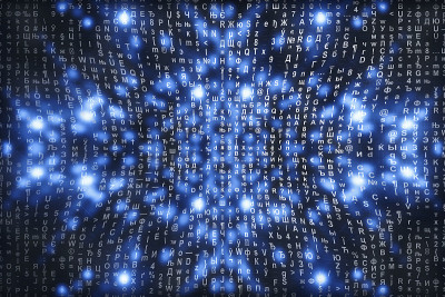 蓝色矩阵数字背景。抽象的网络空间的概念。人物倒了。来自符号流的矩阵。虚拟现实设计。复杂的算法数据黑客