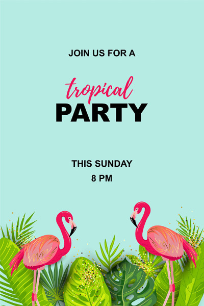 Pink flamingo and exotic palm leaves.