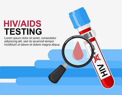 血液检测概念HIV检测。12月1日世界艾滋病日装有血液和阳性试验的试管和放大镜。向量