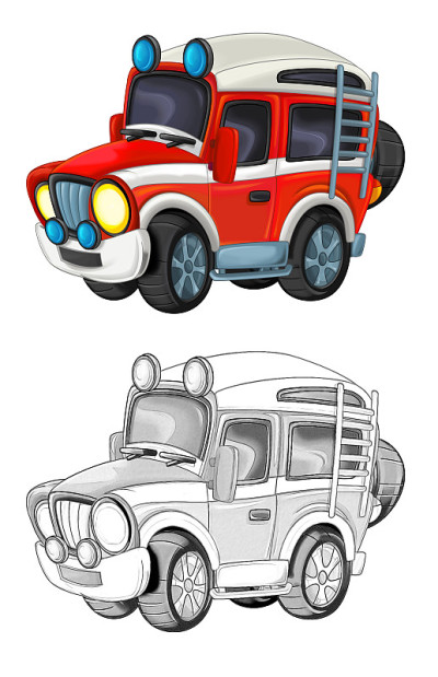 卡通素描场景与越野消防队员车-插图