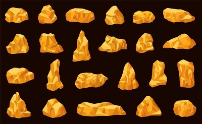 金色的石头。天然宝石、金矿元素。3d游戏岩石，天然宝石孤立在黑色。黄色鸡块精确向量集合
