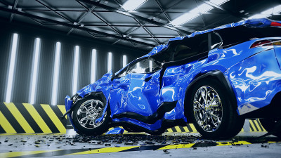 损坏的汽车，碰撞测试。3 d renderng。