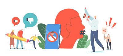 取消文化禁令概念。角色用巨大的橡皮擦擦人，小活动家用扬声器暴动