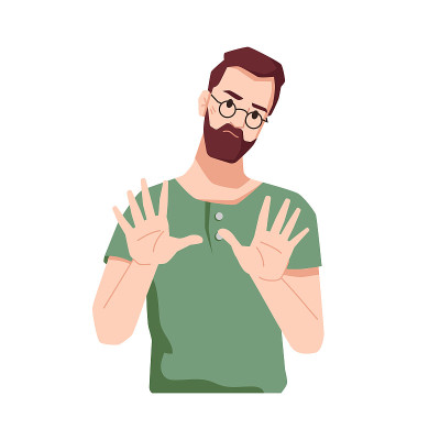 恼怒的或不满意的人用手势表示否认或警告。蓄胡须的男性禁止入内。移动或停止标志，人显示手掌。孤立的卡通