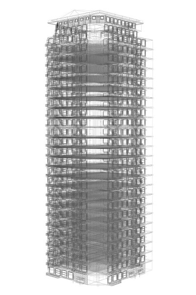 高度详细的建筑。线框显示