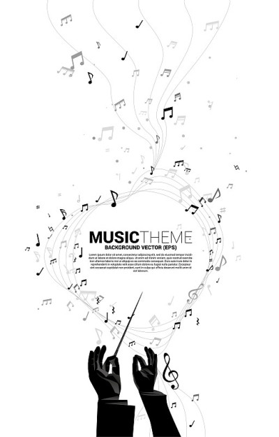 指挥家手的矢量剪影伴随着音乐旋律音符舞动流动。