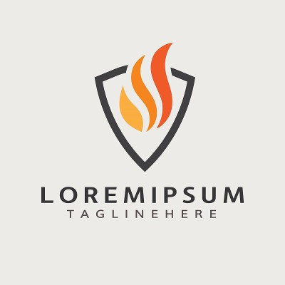 盾和火标志设计模板。抽象的盾牌和火图标线艺术矢量