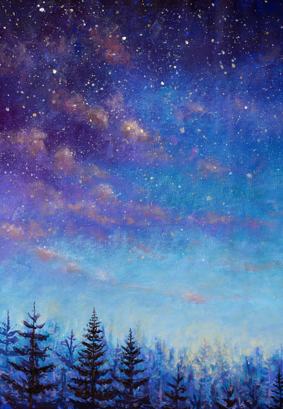 垂直手工绘画背景魔幻夜树森林和宇宙充满了星星。
