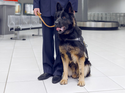 一只检毒犬站在机场的海关警卫旁边。