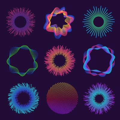 圆音频电波。霓虹灯圆形音乐声波均衡器。摘要径向声波纹粒子。发光的圆线波矢量集