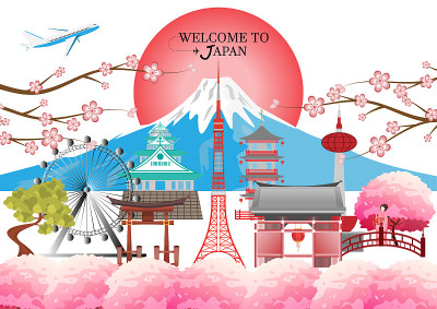 旅游明信片，旅游广告世界著名的日本地标-矢量插图。
