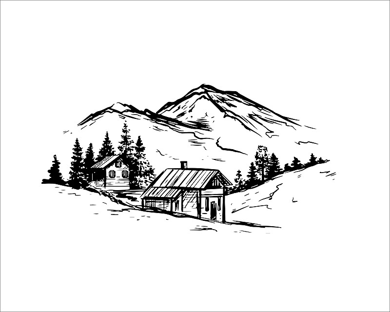 手绘山景、木屋素描，松林隔绝