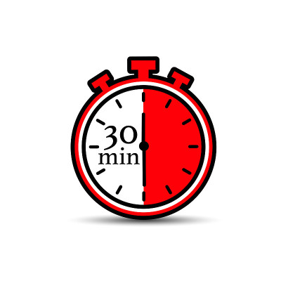 30分钟，秒表矢量图标。秒表图标在平坦的风格上的白色背景。矢量插图。