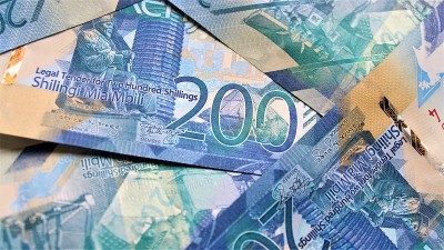 200百肯尼亚先令钞票上一堆200先令钞票，俯视。