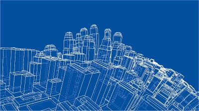 线框扭曲城市，蓝图风格。向量