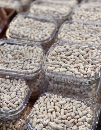 塑料盒子里的白色干豆子