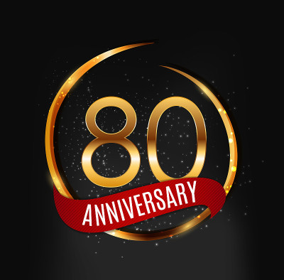 模板黄金符号80周年纪念与红丝带矢量插图