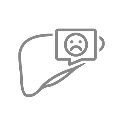 肝与悲伤的脸在讲话气泡线图标。消化器官病变标志
