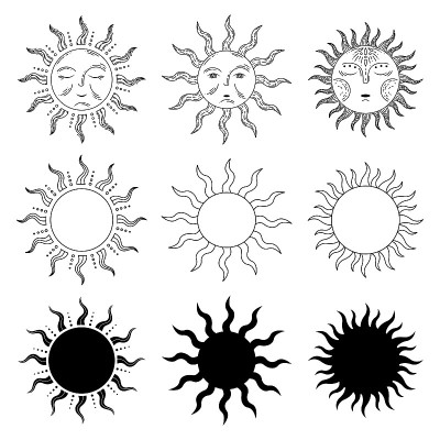 套3太阳在复古风格，线条艺术和简单的风格。星星。占星学,天文学。神奇的迹象。