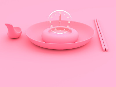 时钟在碗与勺子和筷子粉红色。最小的概念