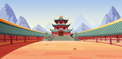 空中国古代寺庙圆形剧场矢量插图