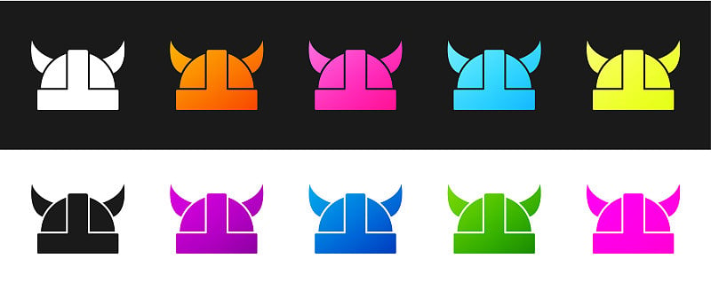 Set Viking in horned helmet icon isolated on black