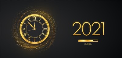 2021年新年快乐。黄金金属数字2021，黄金手表与罗马数字和倒计时午夜与加载条在闪烁的背景。爆裂的