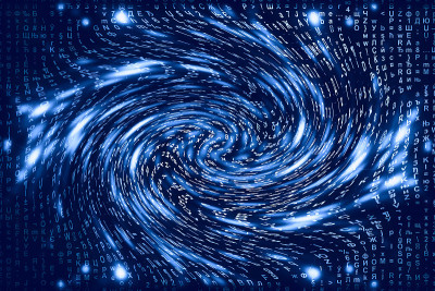 蓝色矩阵数字背景。扭曲的网络空间的概念。人物落入虫洞。入侵矩阵。虚拟现实设计。复杂的算法数据黑客。青