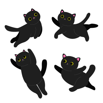 黑色的小猫。黑猫又飞又跳。一组黑猫。股票矢量插图上的白色背景。