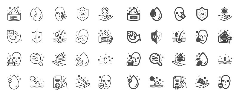 Skin care line icons. Set of Cream, Serum drop and