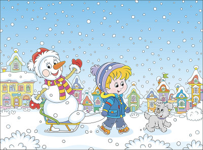 快乐的小男孩拉着一个有趣的雪人