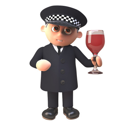 警察警察3d人物拿着一杯酒和检查酒精水平，3d插图