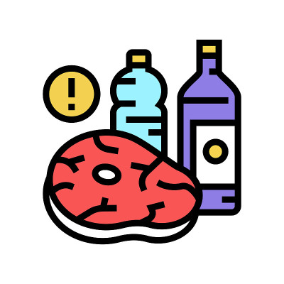 肉，脂肪油不健康产品的痛风病颜色图标矢量插图