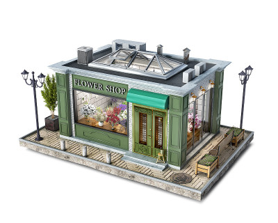 一个有大橱窗的小花店在一块地面上，3d插图