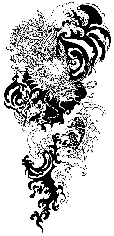 亚洲龙水。黑白纹身