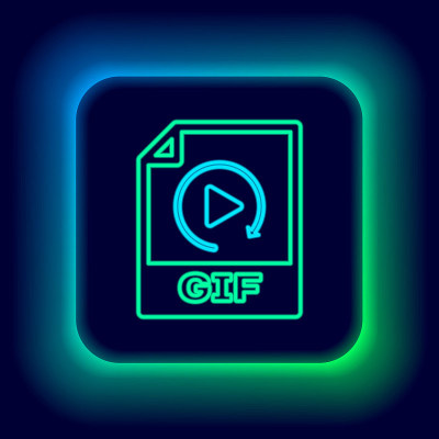 发光的霓虹灯线GIF文件文件。下载gif按钮图标隔离在黑色背景。GIF文件的象征。色彩斑斓的轮廓的概