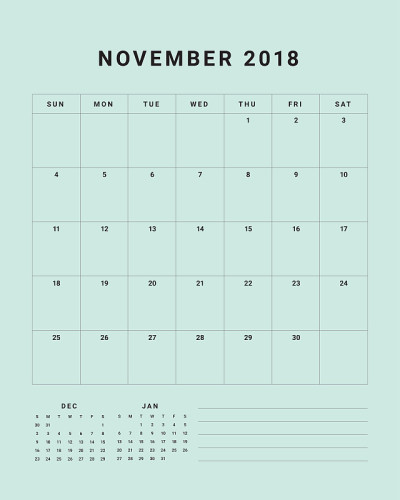2018年11月台历矢量插图