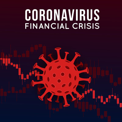 冠状病毒对证券交易所和全球经济影响的矢量概念说明。Covid-19病毒导致市场下跌。背景烛台股票图表