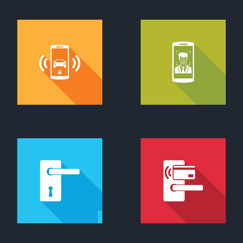 设置智能汽车报警系统，移动和人脸识别，门把手和无线图标数字门锁。向量