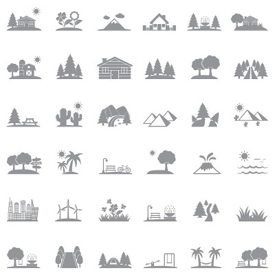 Landscape Icons. Gray Flat Design. Vector Illustra