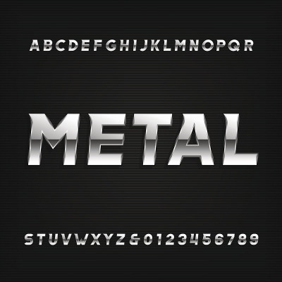 金属字母字体。斜字母和数字镀铬效果。